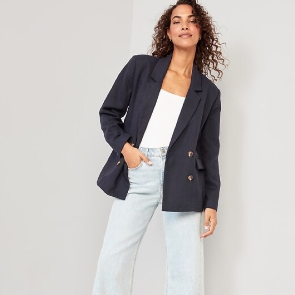 Old Navy Navy Blue Double Breasted Textured Blazer Size Medium Petite